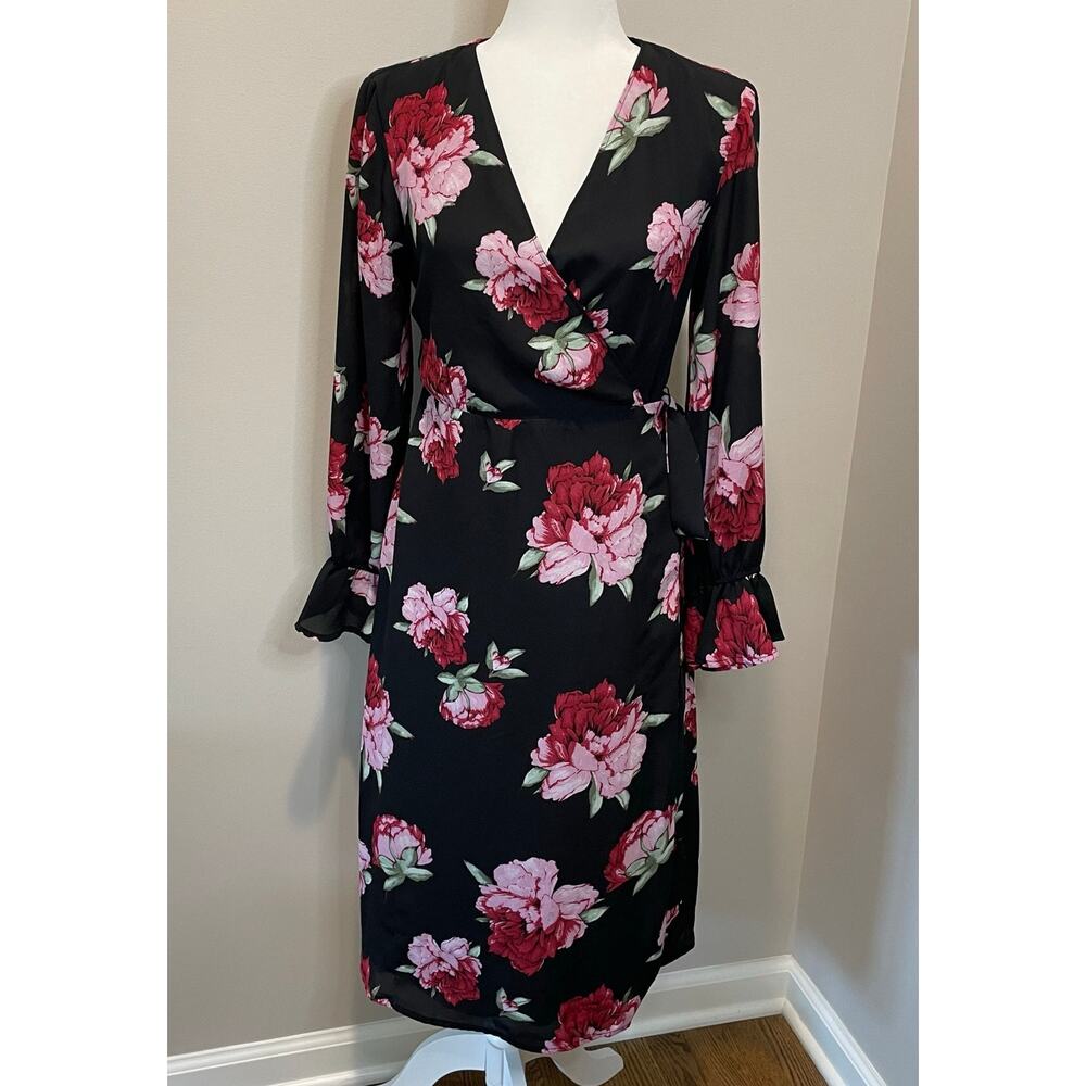 Lulus Romantic Blooms Black Floral Midi Wrap Dress Sz M Plunging Neck Black Pink - Picture 4 of 16